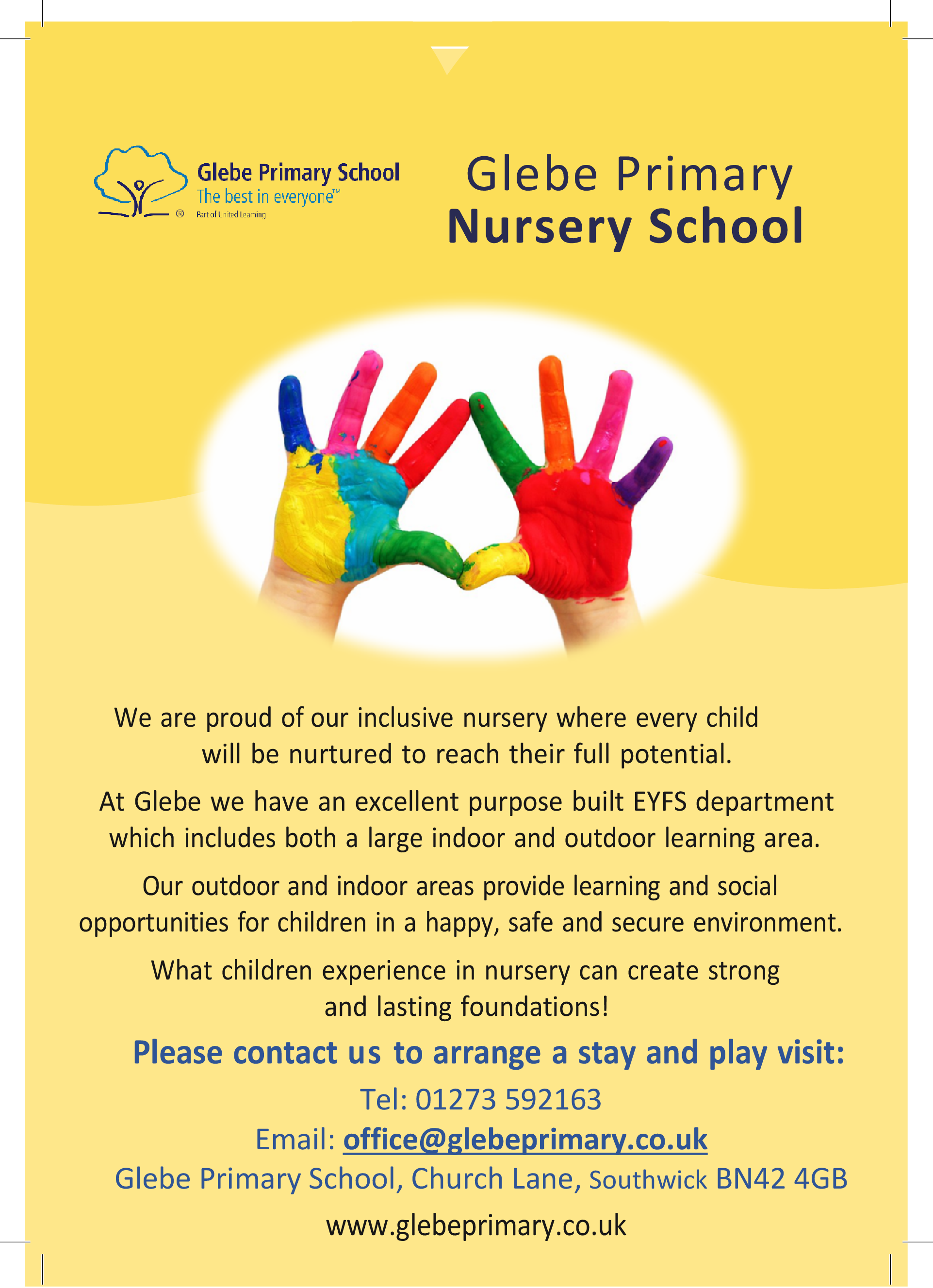 Advert - glebePrimaryNurserySchool without hands 1